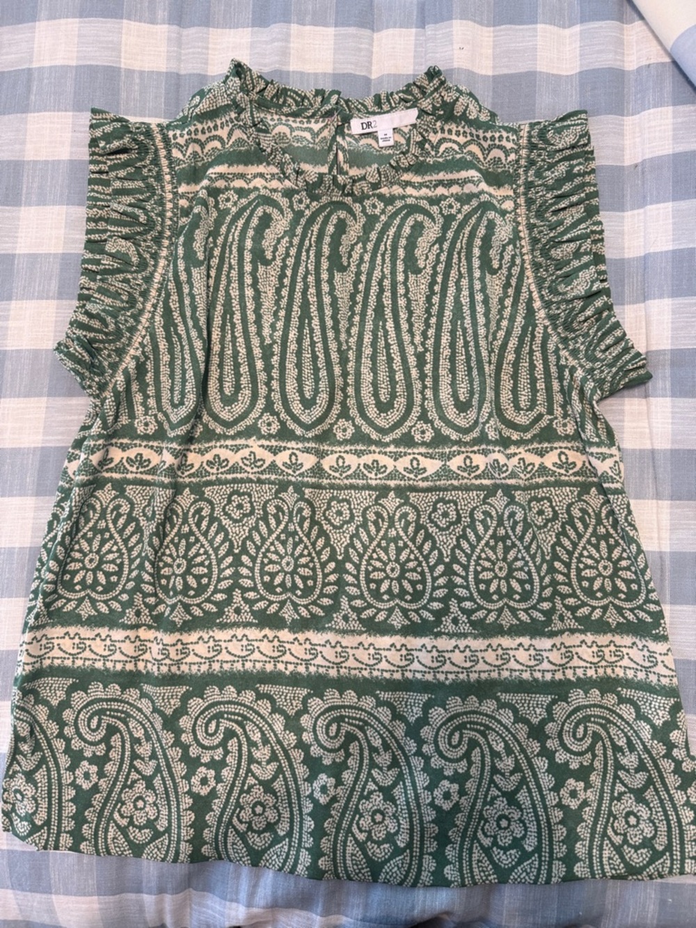 DR2 Green Paisley Ruffle Sleeve Blouse